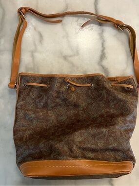 Brown Paisley Leather-Trim Shoulder Bag